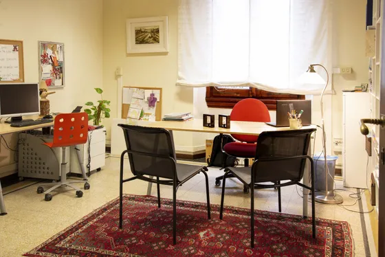 Stanza dello studio con tavolo, sedie e tappeto persiano